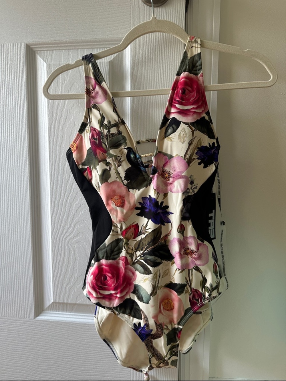 Floral V-Neck One-Piece Swimsuit in Cream and Pink
